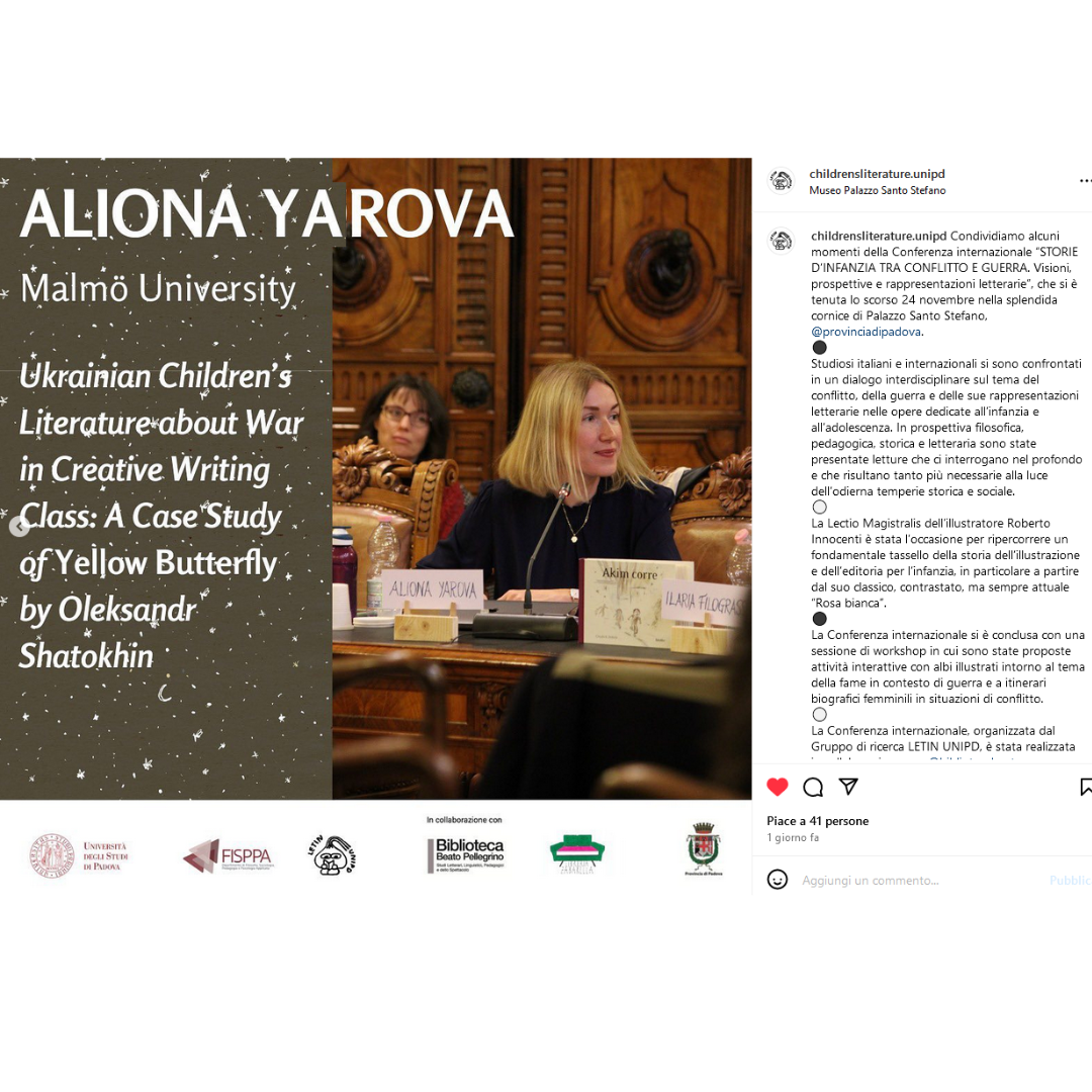 Aliona Yarova speaking at a conference on Ukrainian children's literature